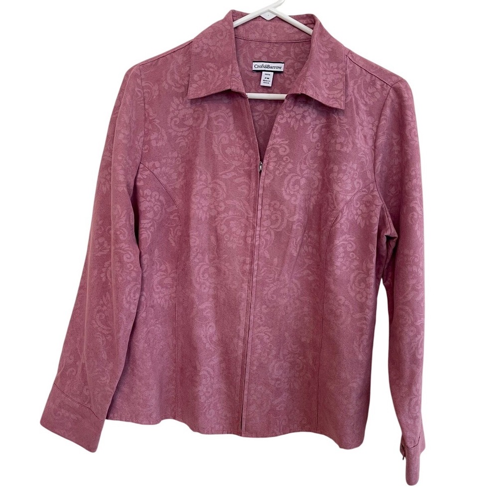 Croft & Barrow Petite Medium Pink Faux Suede Damask Floral Zip Up Jacket PM